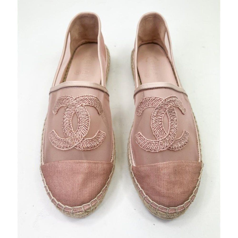 CHANEL Grosgrain Light Pink Mesh CC Logo Pink Cap Toe Flat Espadrilles Size EU37 - Picture 2 of 13